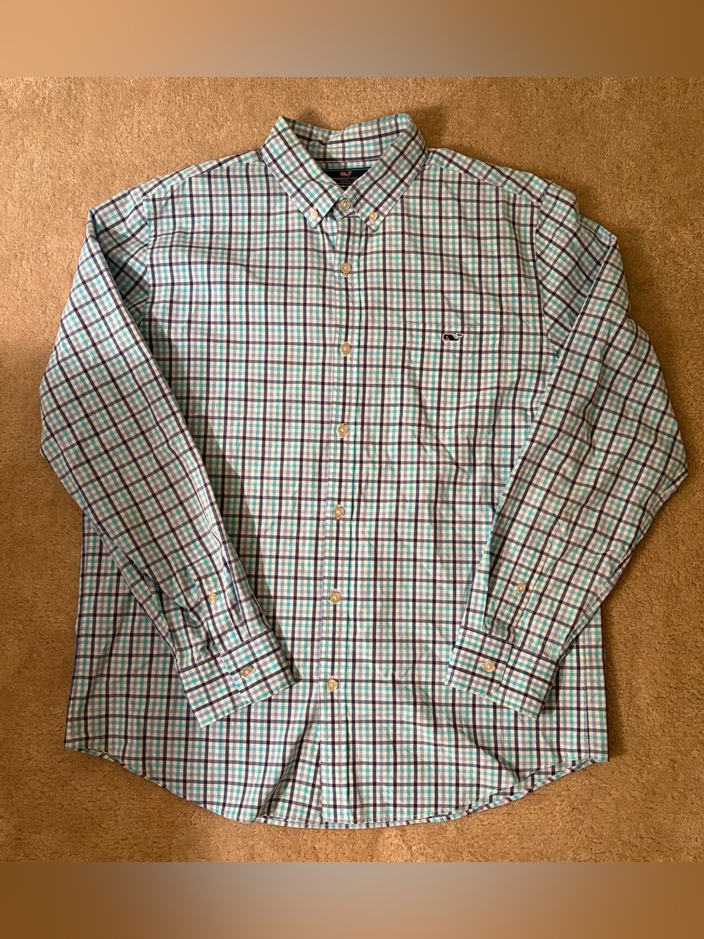 Vineyard Vines Men's Long-Sleeve Button-Down Plaid Shirt in Light Blue and Green